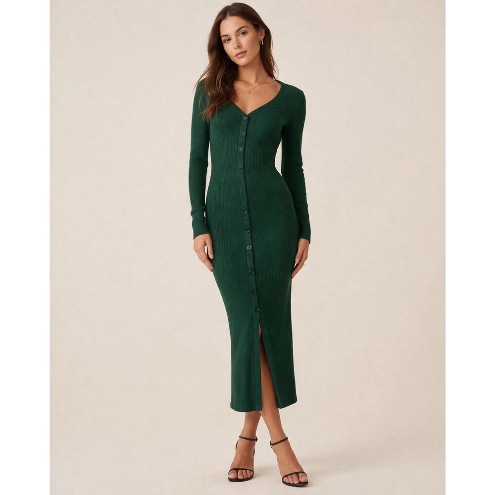 Reformation Ricky Ribbed Knit Bodycon Midi Dress in Emerald Green, XS